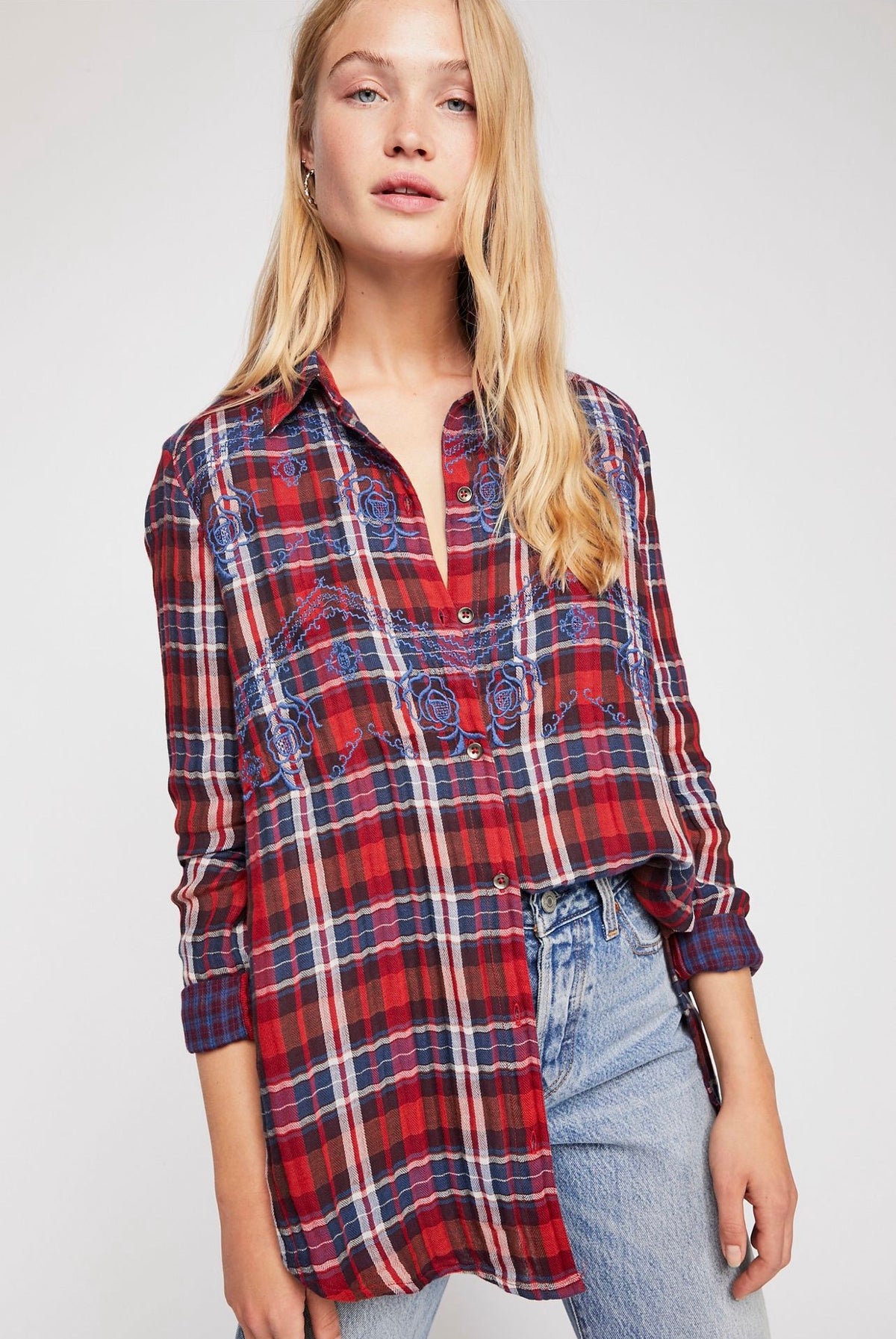 Free People Magical Plaid Buttondown Top in Red Combo - Small