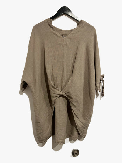 Meo Meli Gray Twist Front Linen Tunic Top - Large