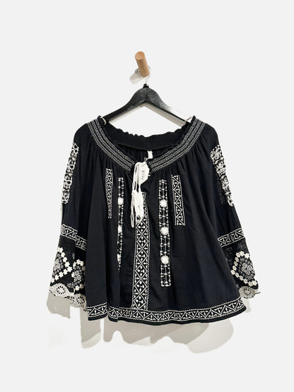 Free People Black Embroidered Blouse - Small