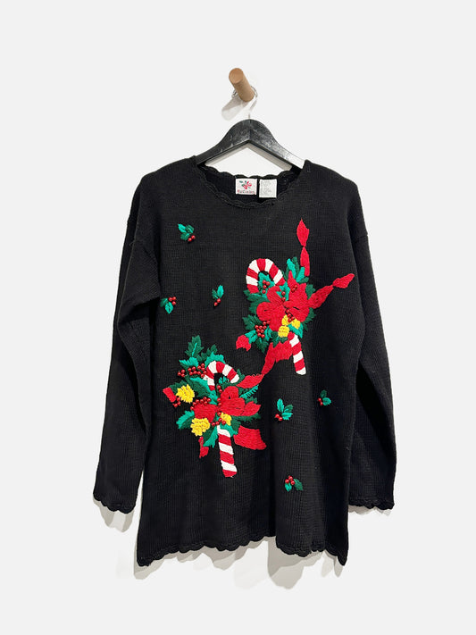 VTG Nutcracker Candy Cane Embroidered Knit Pullover - Large