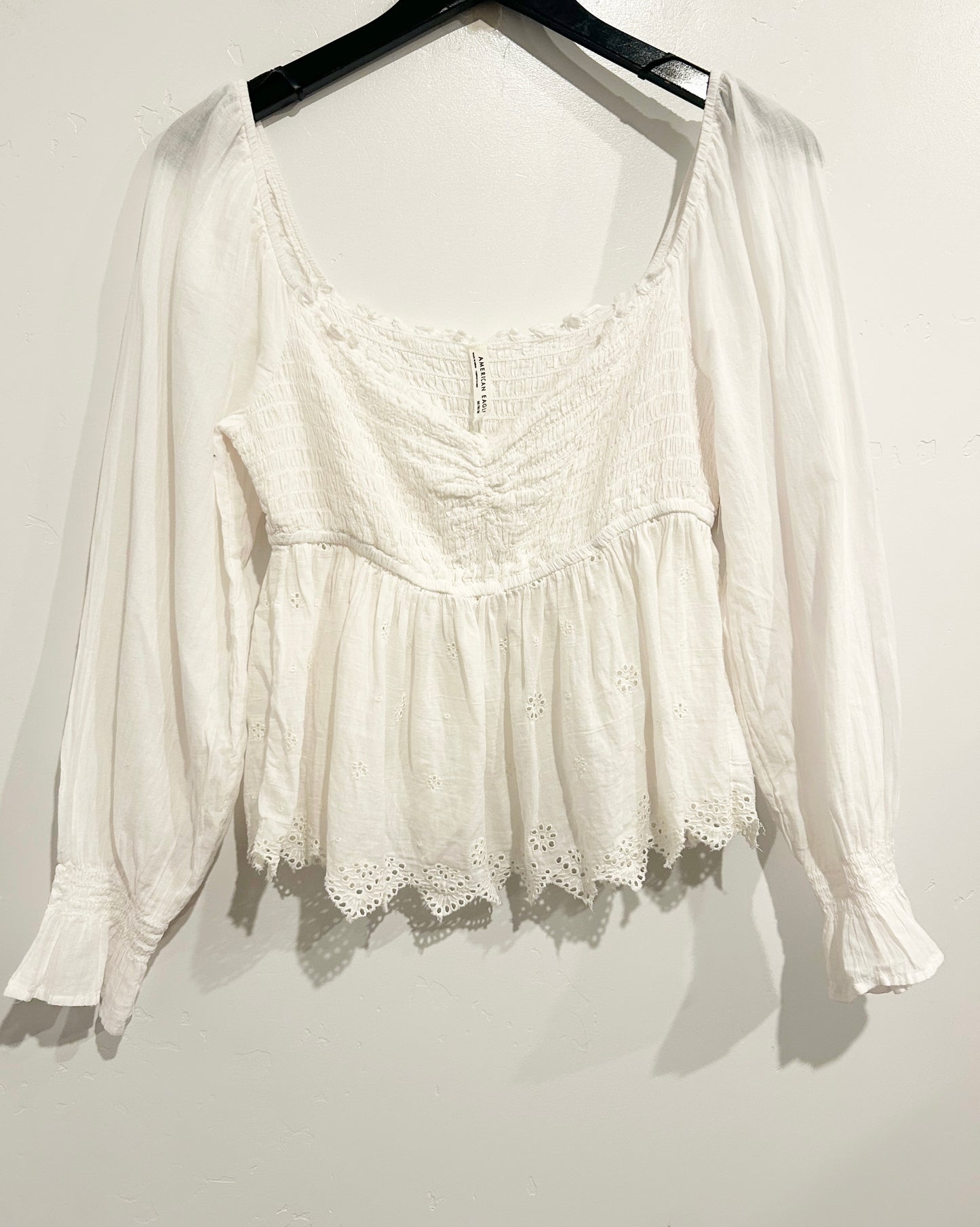 American Eagle White Eyelet LS Blouse - Medium