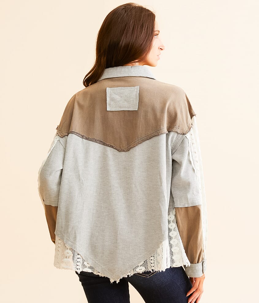 Pol Noah Pieced Crochet Shirt in Dusty Grey - Large