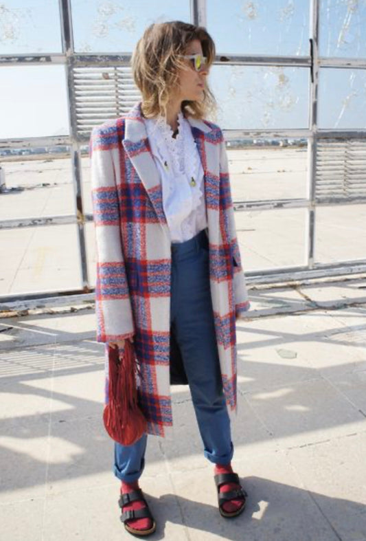 Zara Red and Blue Cream Wool Jacket - XS