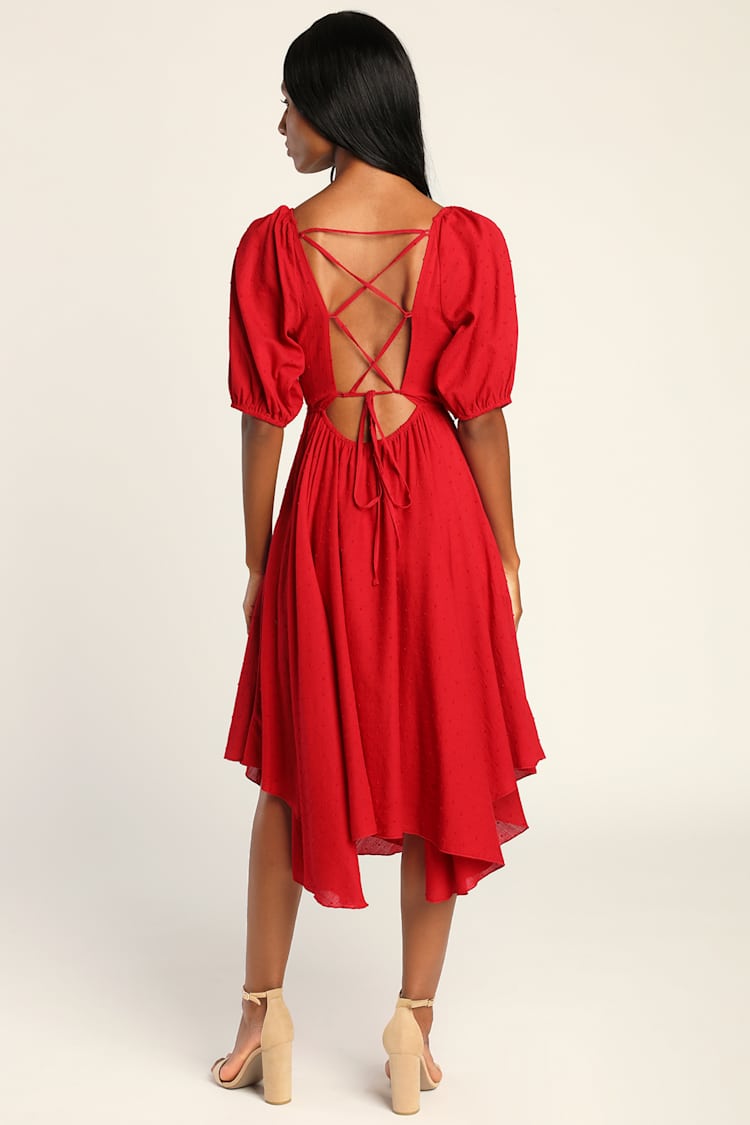Lulus Completely Smitten Red Swiss Dot Lace-Up Puff Sleeve Midi Dress - Small