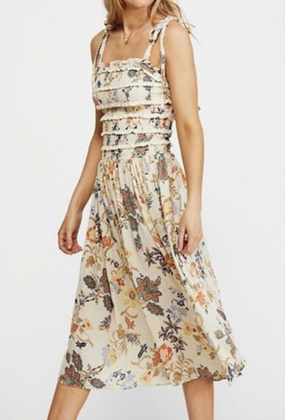 Free People Isla Cream Floral Midi Dress - Small