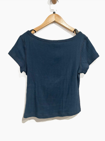 Free People End Game Pointelle Baby Tee in Blue - Medium