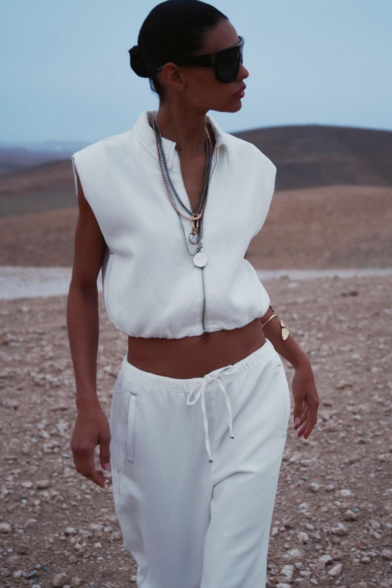 Zara White Elastic Waist Denim Zip Up Vest - Large