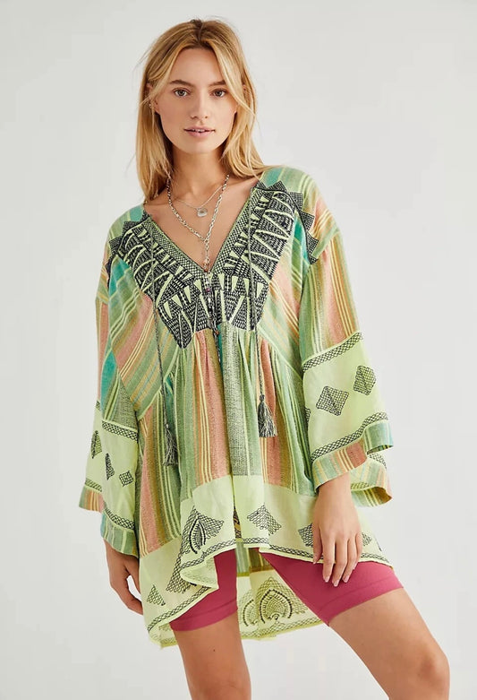 Free People Skye Oversized Colorful Boho Embroidered Tunic - XS