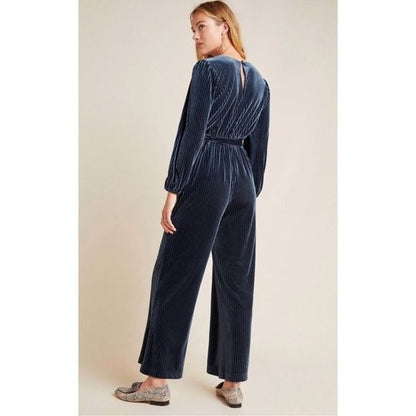 Anthropologie NWT Ali & Jay Samantha Navy Striped Velvet Jumpsuit Size Large