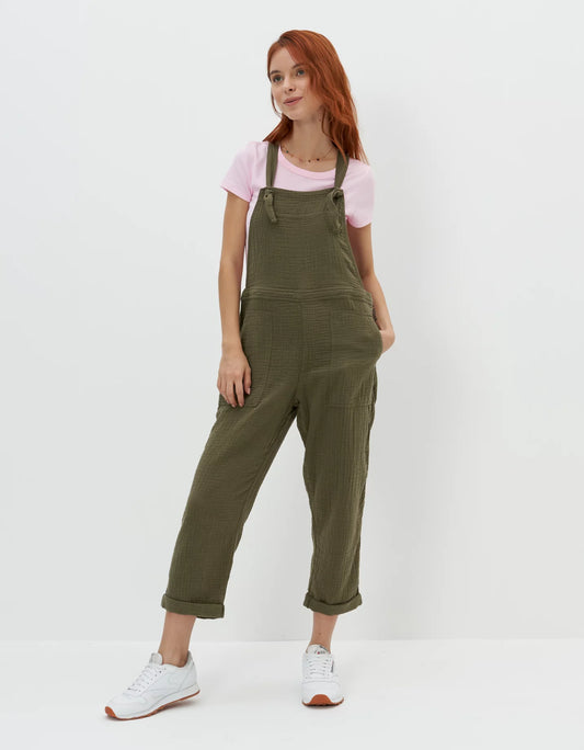 Aerie Lightweight Rolled Leg Overalls in Washed Olive - Large