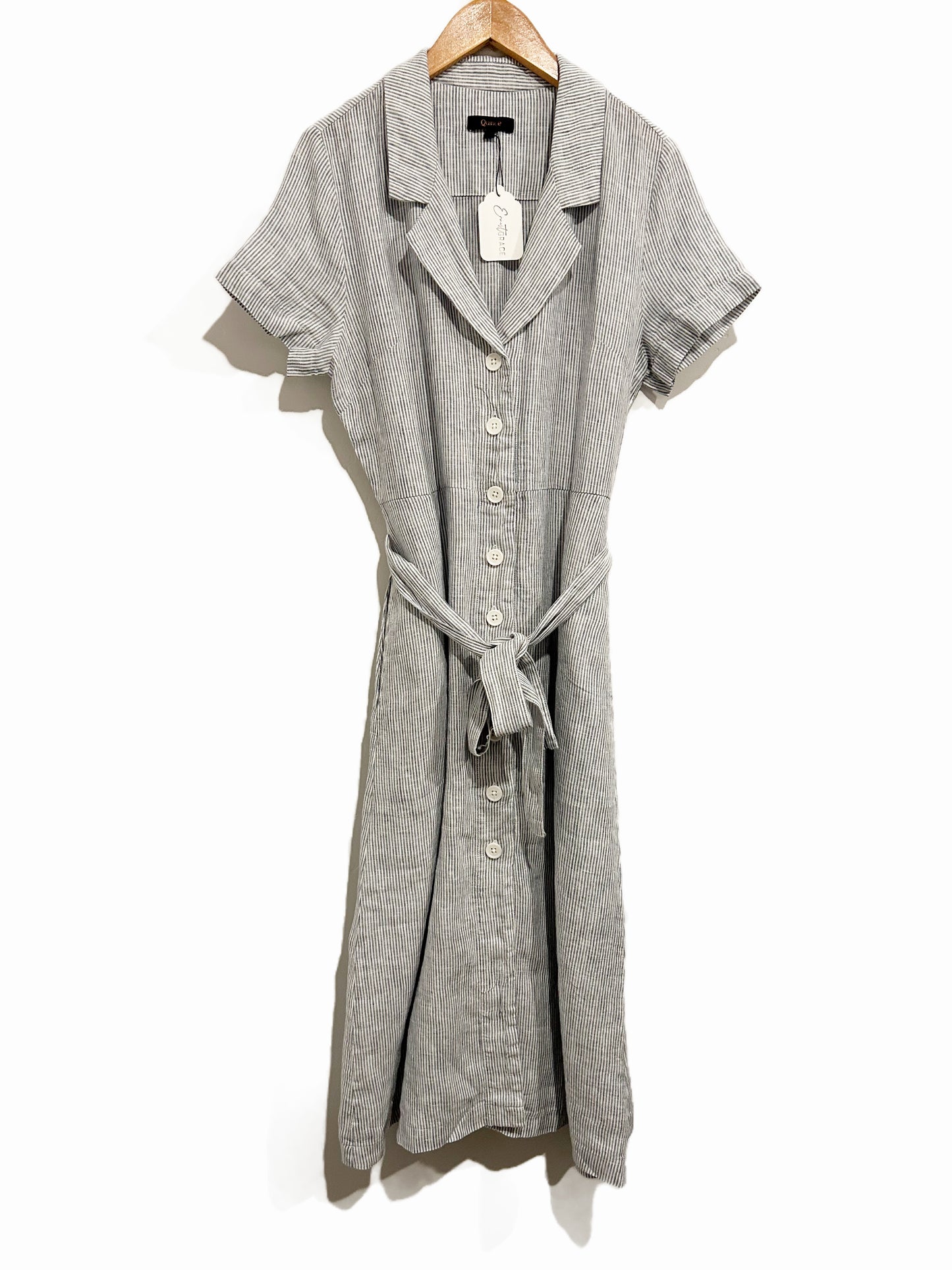 Quince European Linen Button Front Dress in Blue Pinstripe - XS