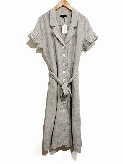 Quince European Linen Button Front Dress in Blue Pinstripe - XS