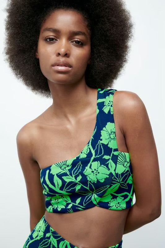 Zara Navy and Green Floral One Shoulder Tank - Small
