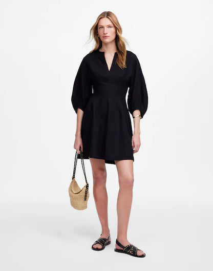 NWT Madewell Linen Splitneck Mini Dress in Jet Black - 6