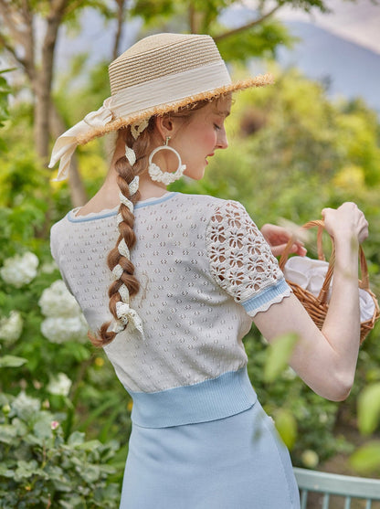 Lacemade Collection Cream and Blue SS Cardigan - Larqe