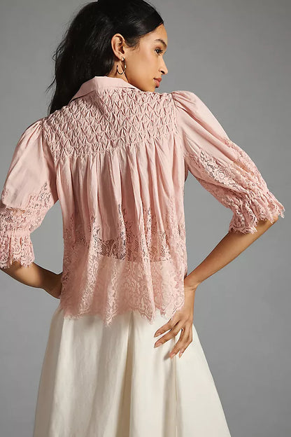 Anthropologie Victorian Sheer Lace Blouse in Pink - Medium