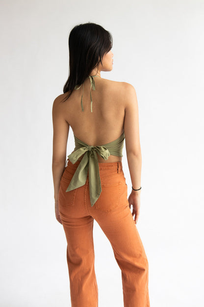 Lakhays Mushroom Embroidery Halter Top in Sage - OS