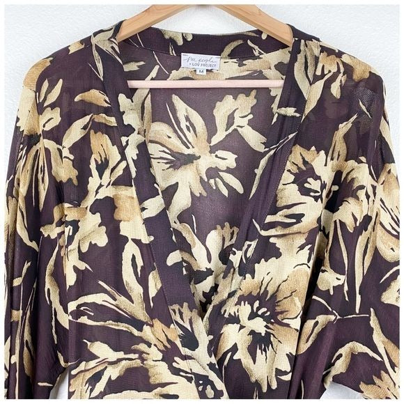 Free People + Love Project Brown Floral Printed Kimono Wrap Size Medium