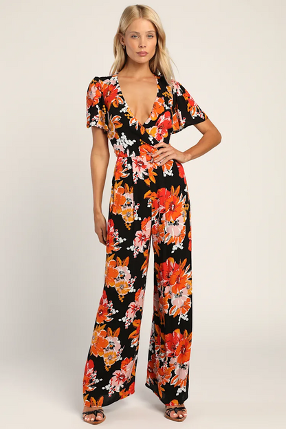 Lulus Black Floral Jumpsuit - XS