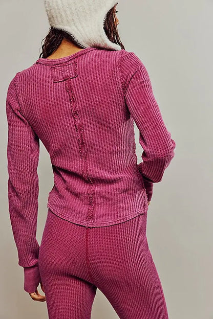 Free People Roll With It Pink Waffle Knit LS Top - Small