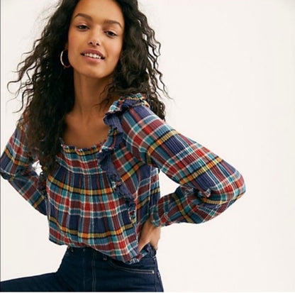 Free People Plaid Ruffle Blouse - XL