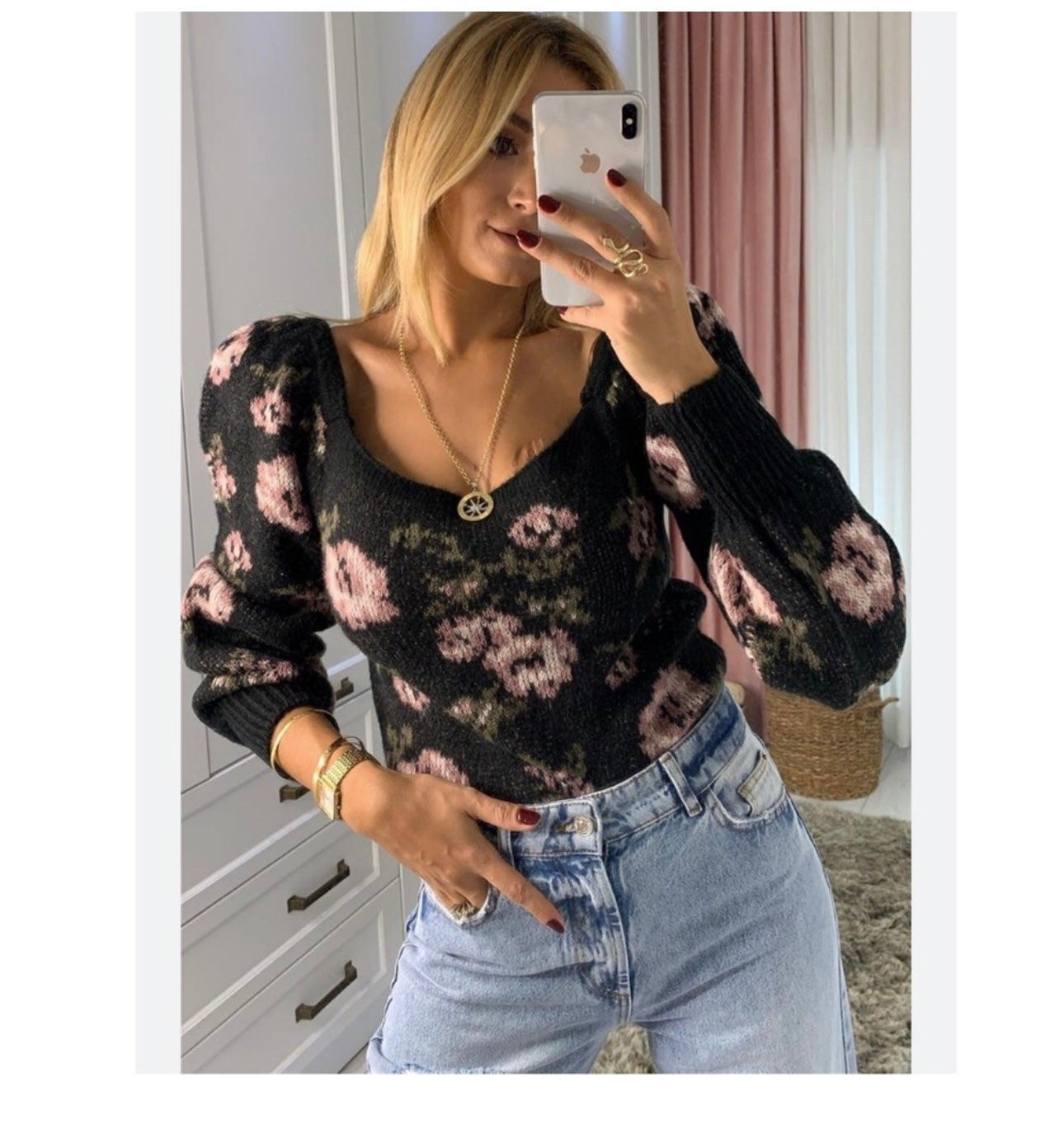 Anthropologie Black Floral Sweater - Small