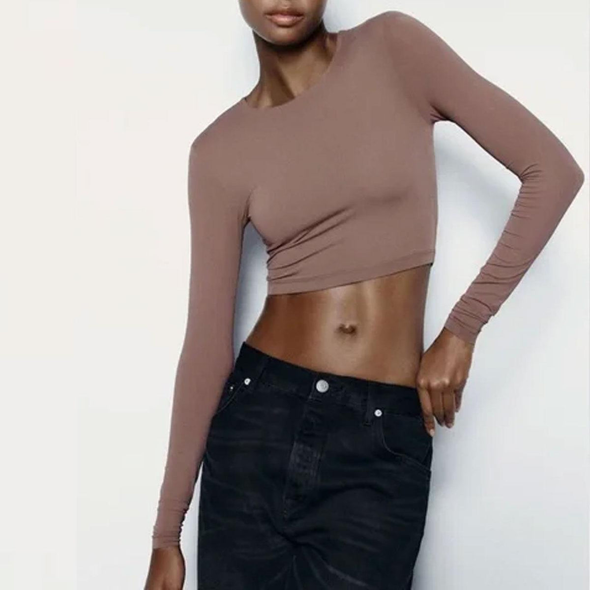 Zara Brown Polyamide Long Sleeve Cropped Top - Small