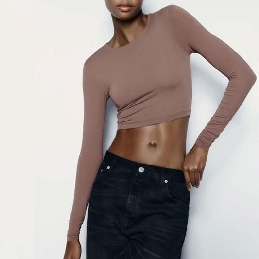 Zara Brown Polyamide Long Sleeve Cropped Top - Small