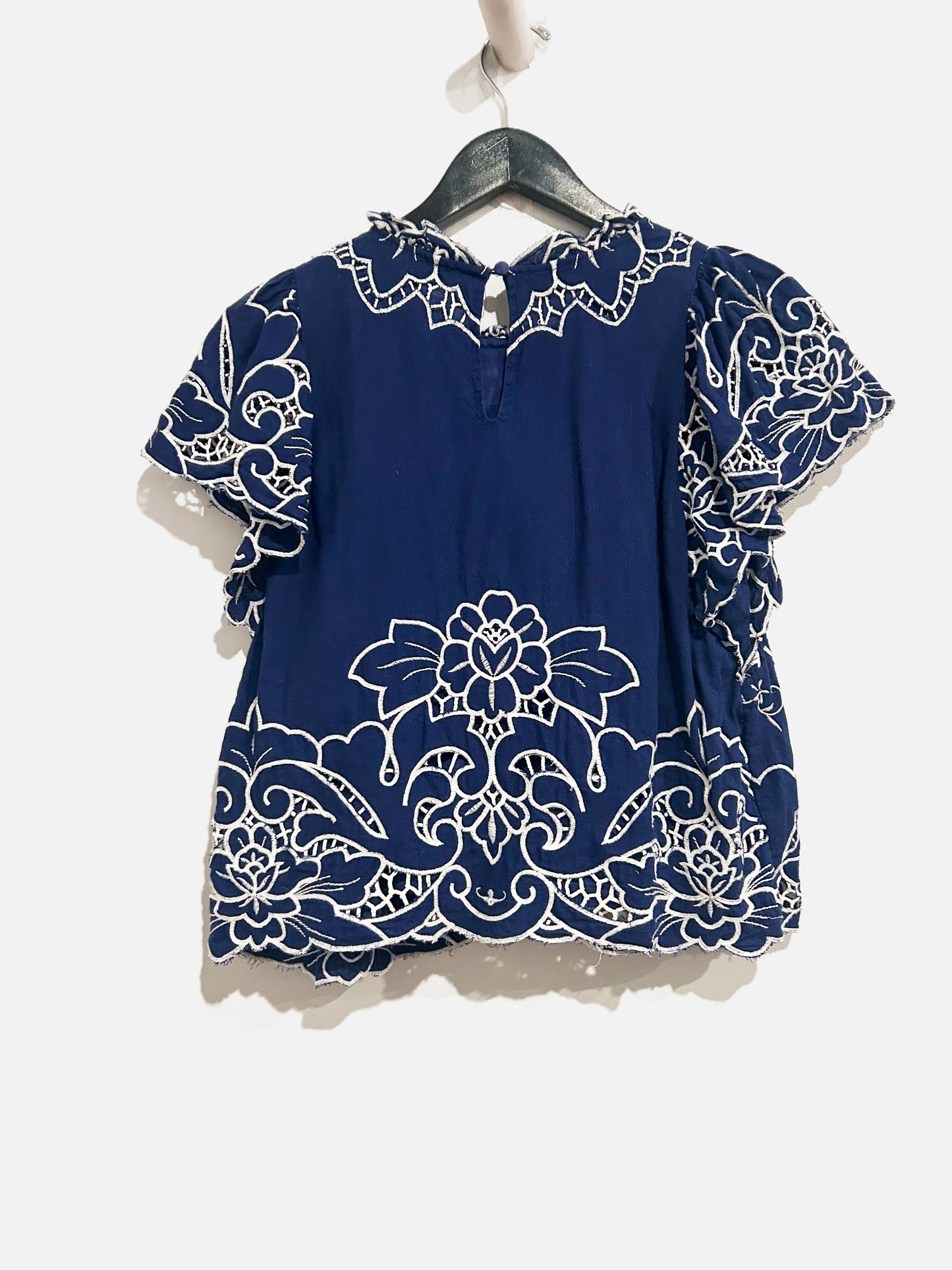 Anthropologie The Lainie High-Neck Lace Cutwork Blouse in Blue Pattern