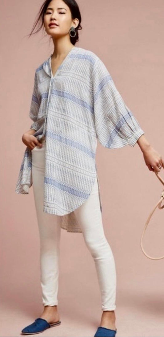 Maeve Blue and White Button Down Tunic - Medium