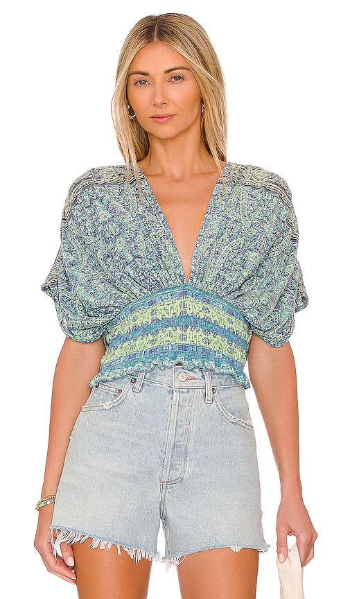Free People Next Vacation Blue Smocked Top - Small
