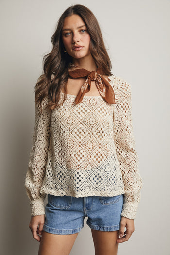 Forte Crochet Square Neck Top in Ecru - Medium