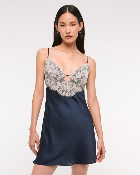 Abercrombie & Fitch Navy Silk Lace Trim Slip Dress - Medium