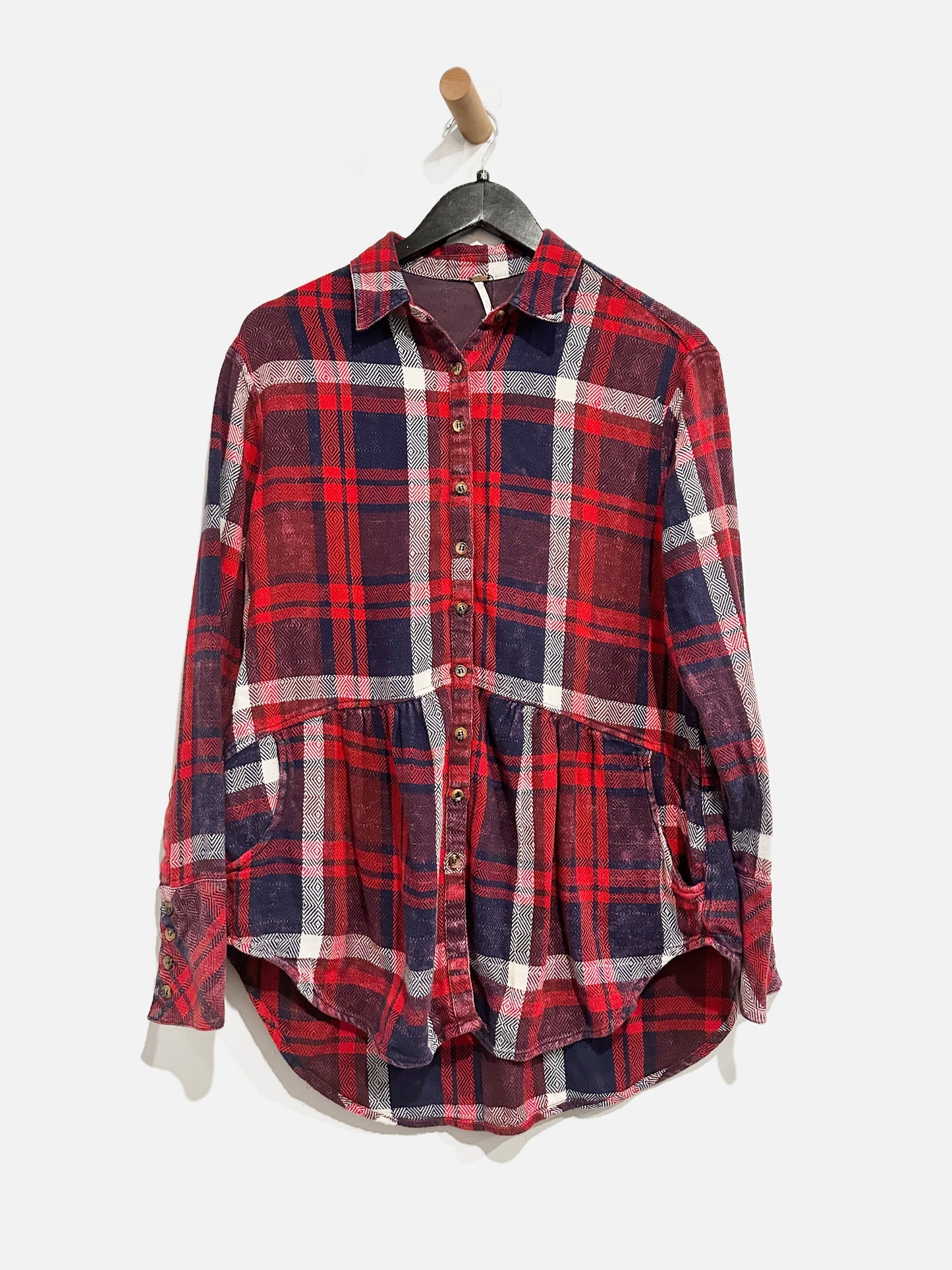 Free People Red & Navy Oversized Plaid Button Down Shirt Ruffle Hem - XS