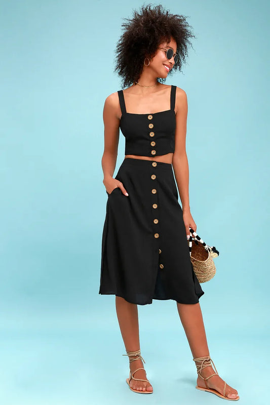 Lulus Black Button Front Midi Skirt Set - Small