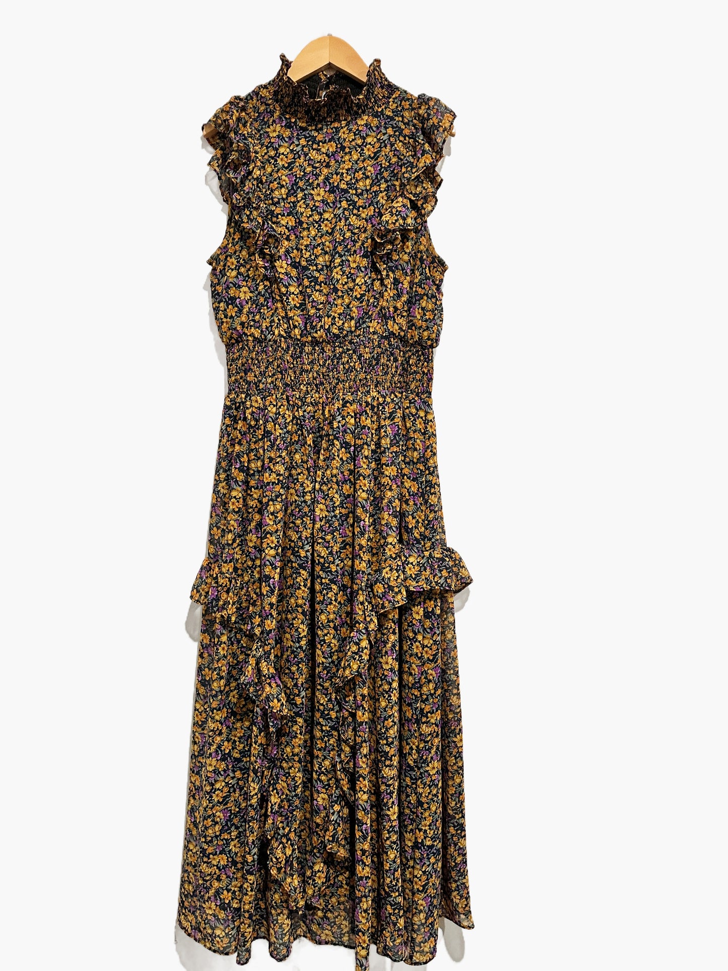 Lulus Evalina Mustard Yellow Floral Print Mock Neck Midi Dress - Medium