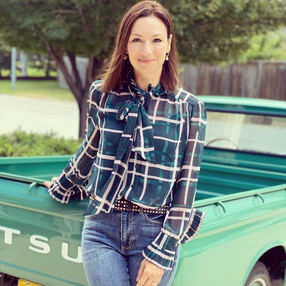 CAbi Cake Ruffle Green Plaid Blouse - Medium