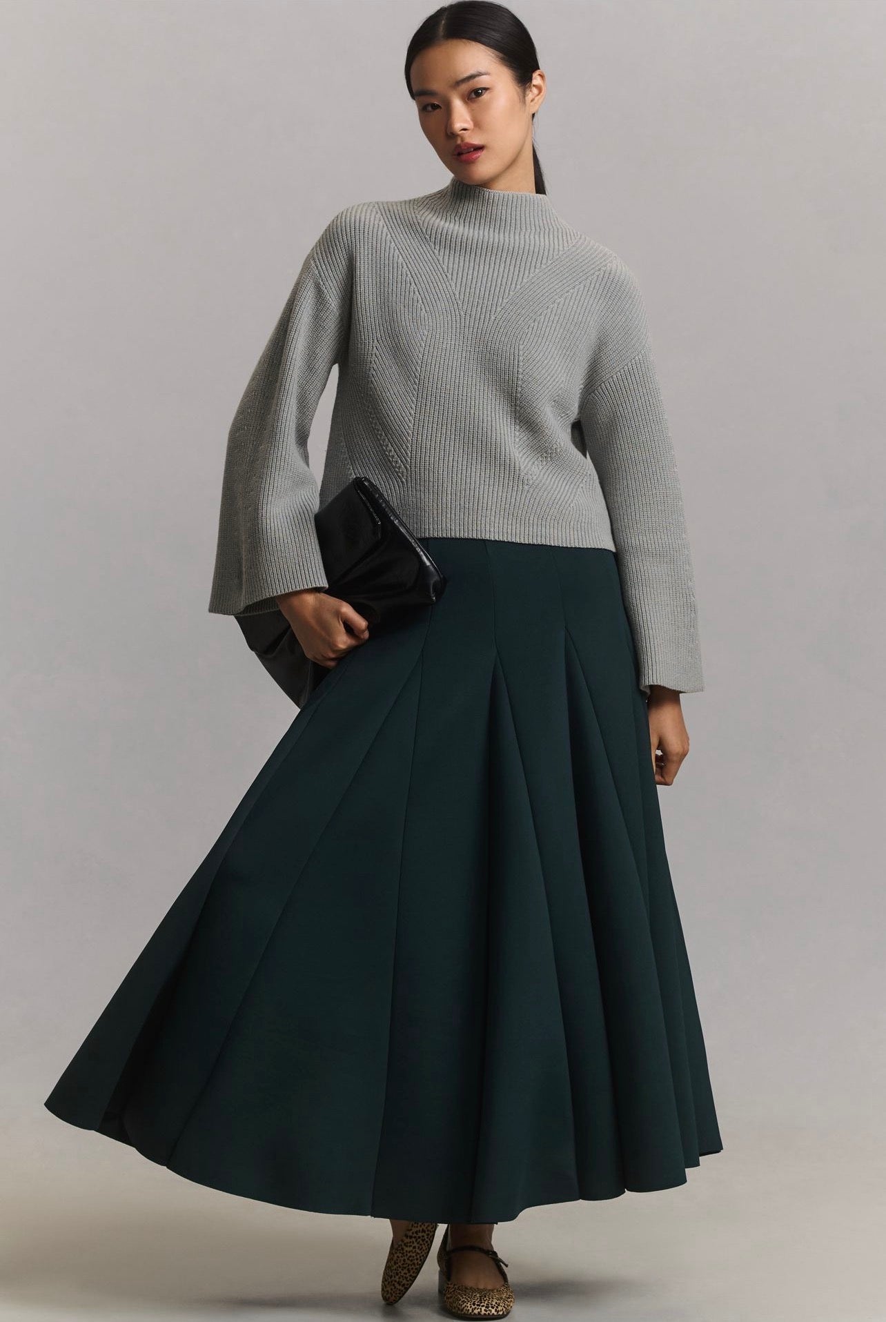 Anthropologie Maeve Katey Mock-Neck Bell-Sleeve Sweater in Grey
