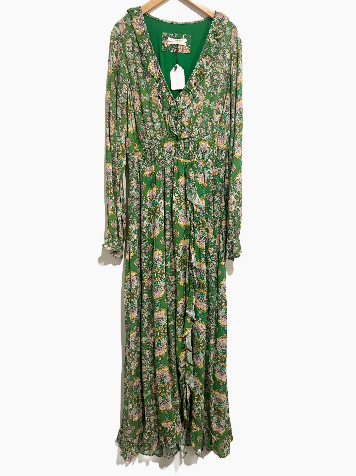Anthropologie Green Floral Ruffle Maxi Dress - Small