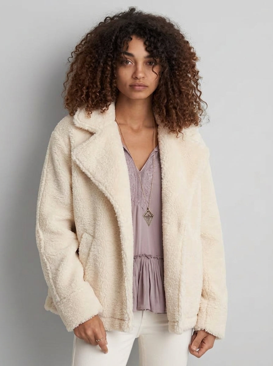 American Eagle Cream Teddy Moto Jacket - Medium