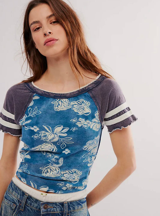 Free People Wish You Were Here Blue Floral Short Sleeve Tee - XS