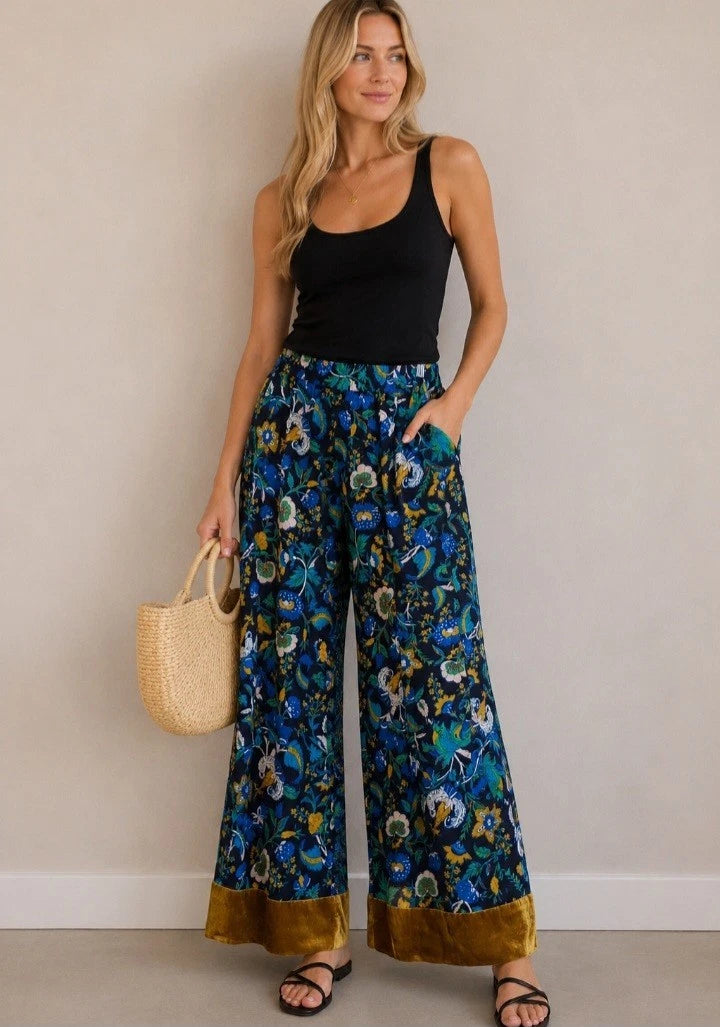 Anthropologie Clara Velvet-Trimmed Pants in Navy Combo - XS