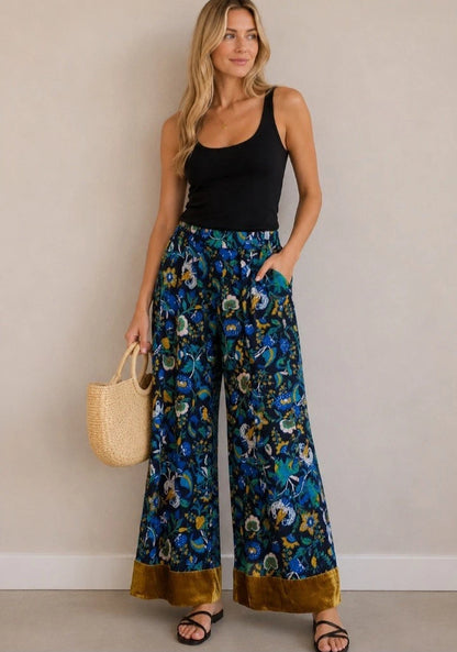 Anthropologie Clara Velvet-Trimmed Pants in Navy Combo - XS