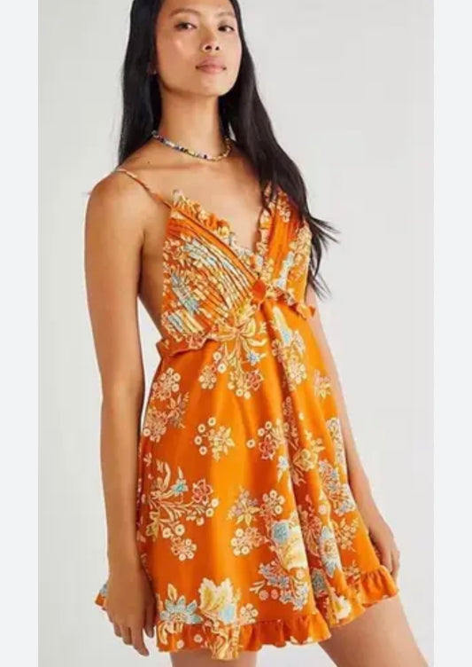 Free People Orange Corduroy Floral Mini Dress - Medium