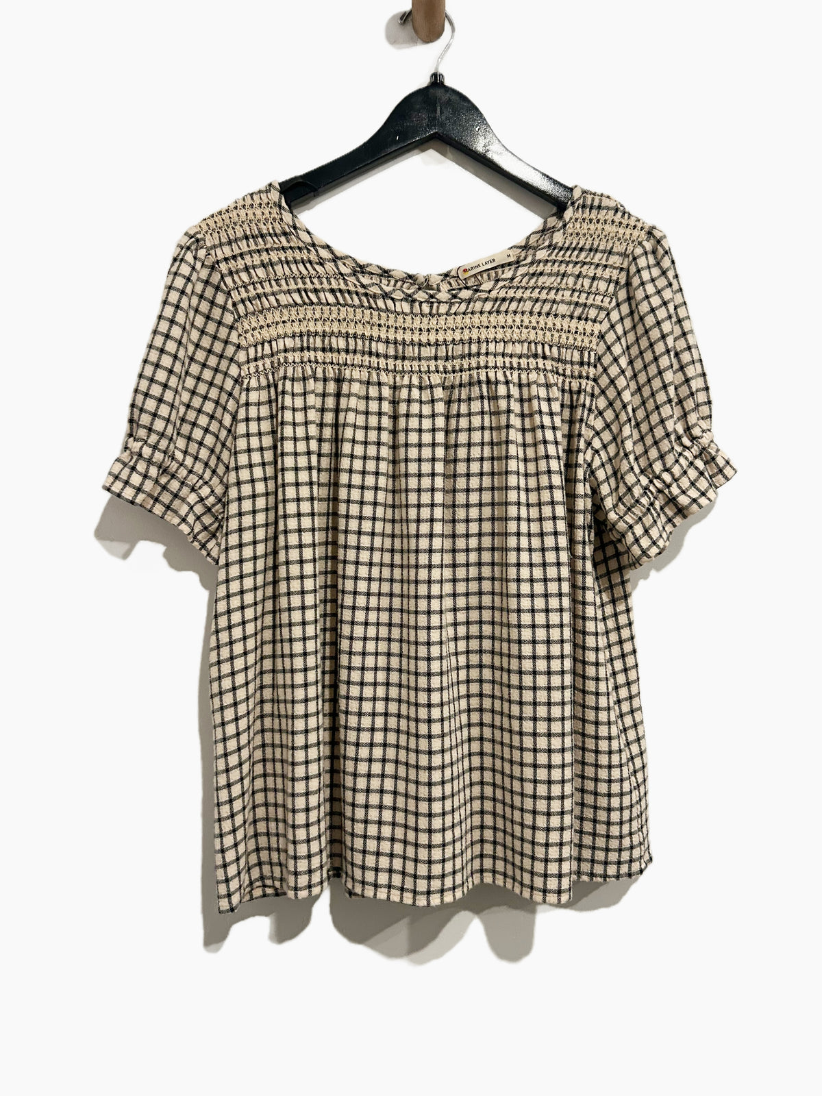 Marine Layer Elena Smocked Top in Parchment/Black Windowpane - Medium
