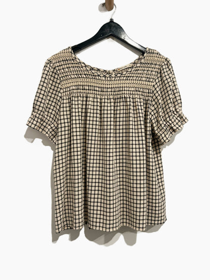Marine Layer Elena Smocked Top in Parchment/Black Windowpane - Medium