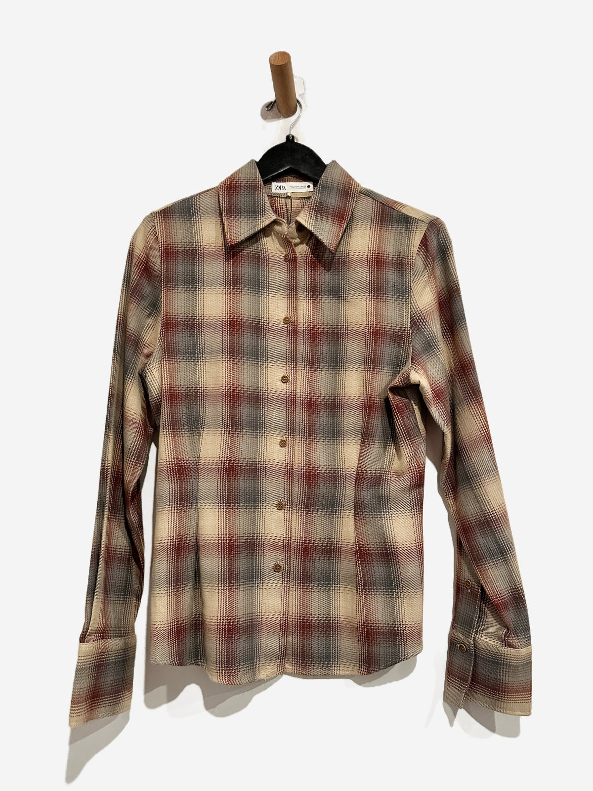 Zara Tan/Maroon Plaid Button Down - Small