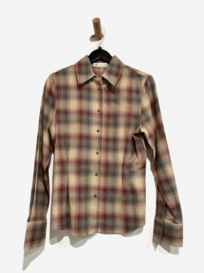 Zara Tan/Maroon Plaid Button Down - Small