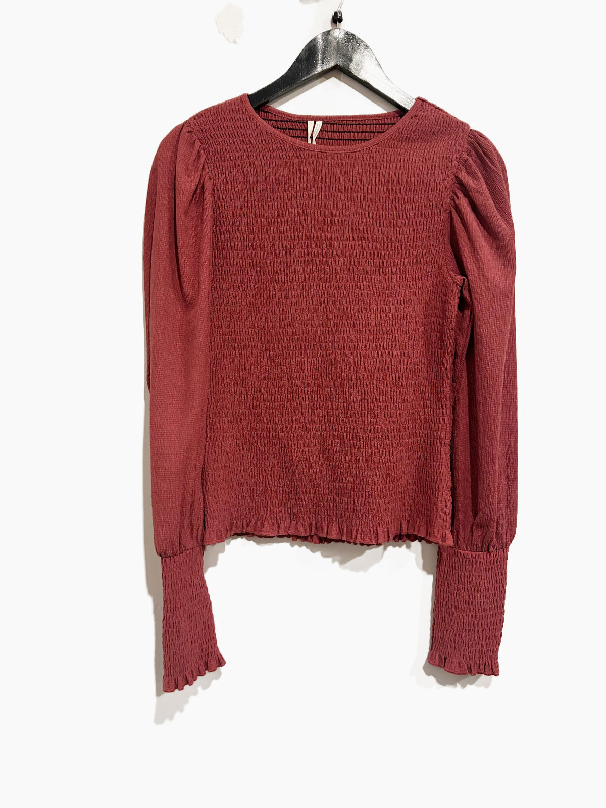 Anthropologie Smocked Puffed Sleeve Top in Raspberry - Medium