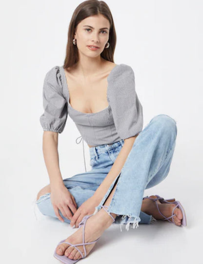 Abercrombie & Fitch Blue Gingham Puff Sleeve Blouse - Large